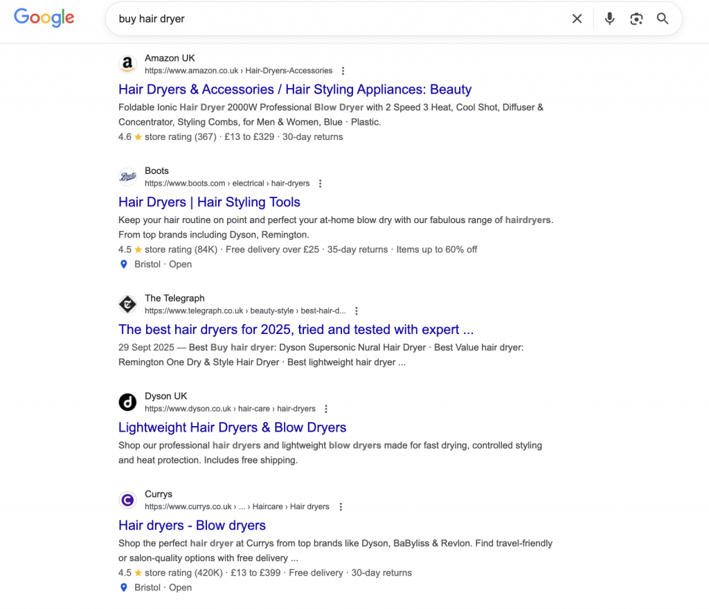 Google search results for hair dryers