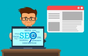 Man with glasses holding laptop that says "SEO" on it