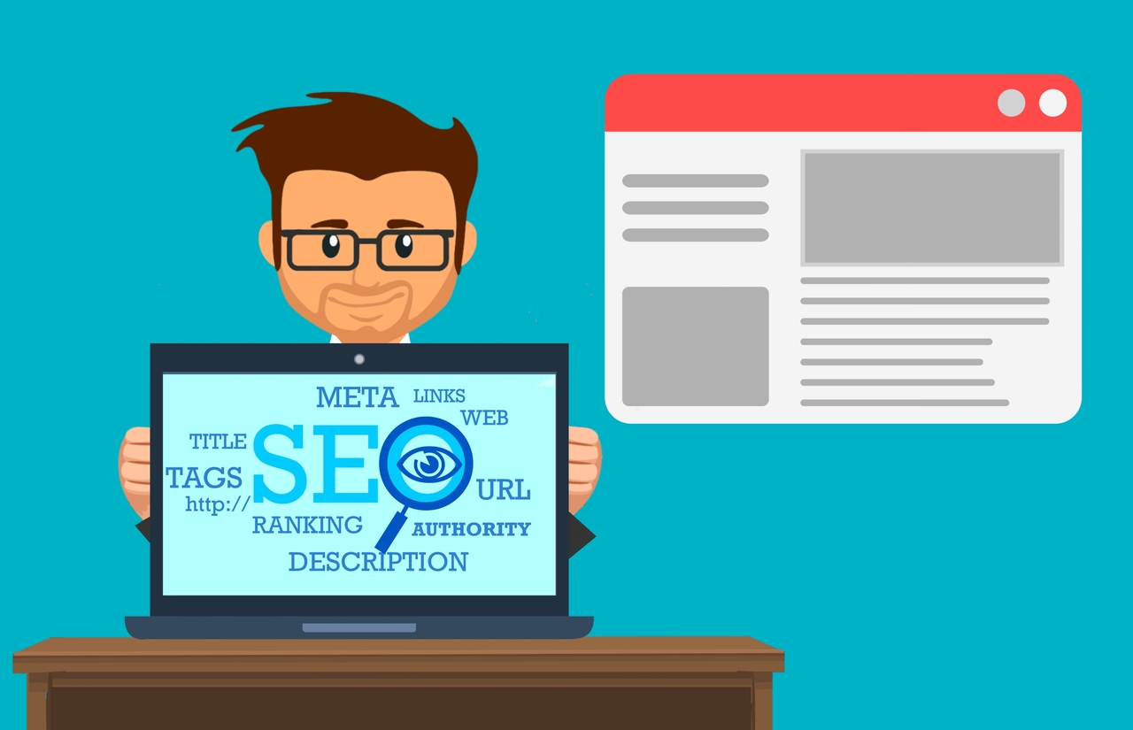 Man with glasses holding laptop that says "SEO" on it